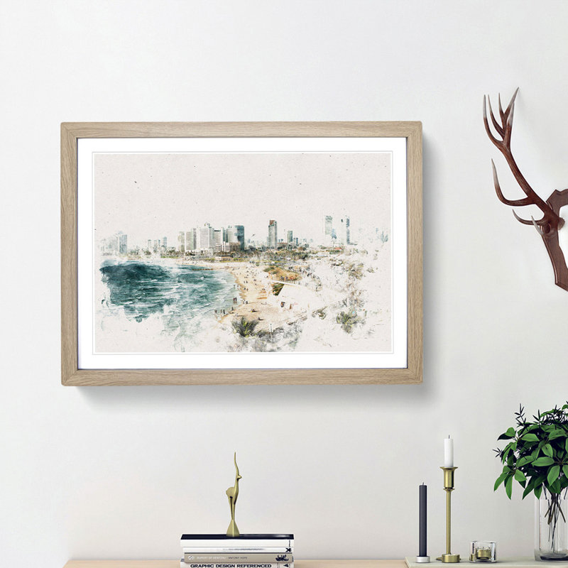 Tel Aviv Israel Skyline - Picture Frame Painting Print, 62cm H x 87cm W x 2cm D, Oak Framed