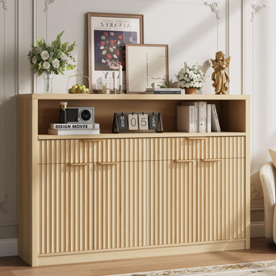 Modern Natural Wood Color Fluted Buffet Cabinet with 2 Drawers & 4 Doors, Coffee Bar Sideboard with Open Shelf & Adjustable Shelves for Living Room