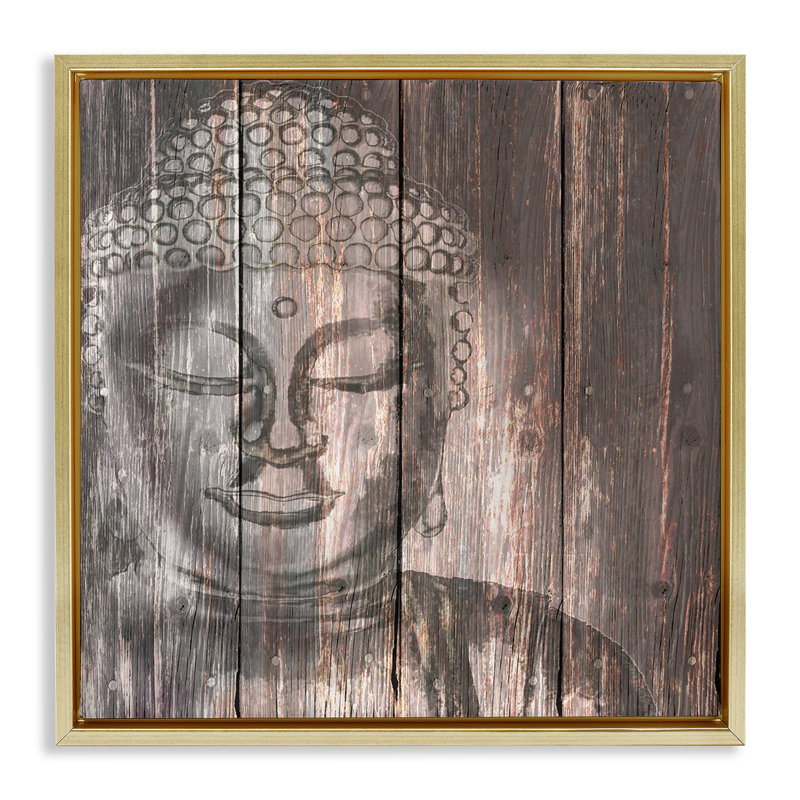 «Rustic Buddha Face», art mural encadré flottant par Conrad Knutsen, H 18 po x l 18 po, Cadre flottant orme Montalcino