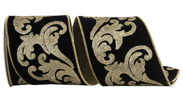 4x5yd Filigree Fashion Scroll Leaf Velvet Deluxe Backed Wired Edge Ribbon The Holiday Aisle Finish: Blue
