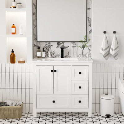 Meuble-lavabo moderne 36 "avec plateau en résine et lavabo, couleur blanche, sans robinet