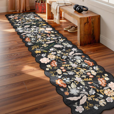 Tapis de couloir lavable: Tapis festif extra-long à motif floral festonné antidérapant pour l'entrée