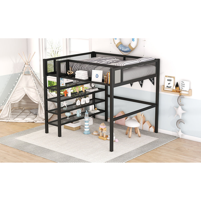Lit mezzanine en métal avec tablettes à 4 niveaux et rangement, Lit double, Noir
