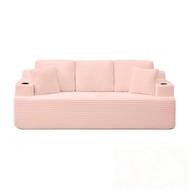 Canapé en velours côtelé avec coussins, porte-gobelet et poche latérale, Rose