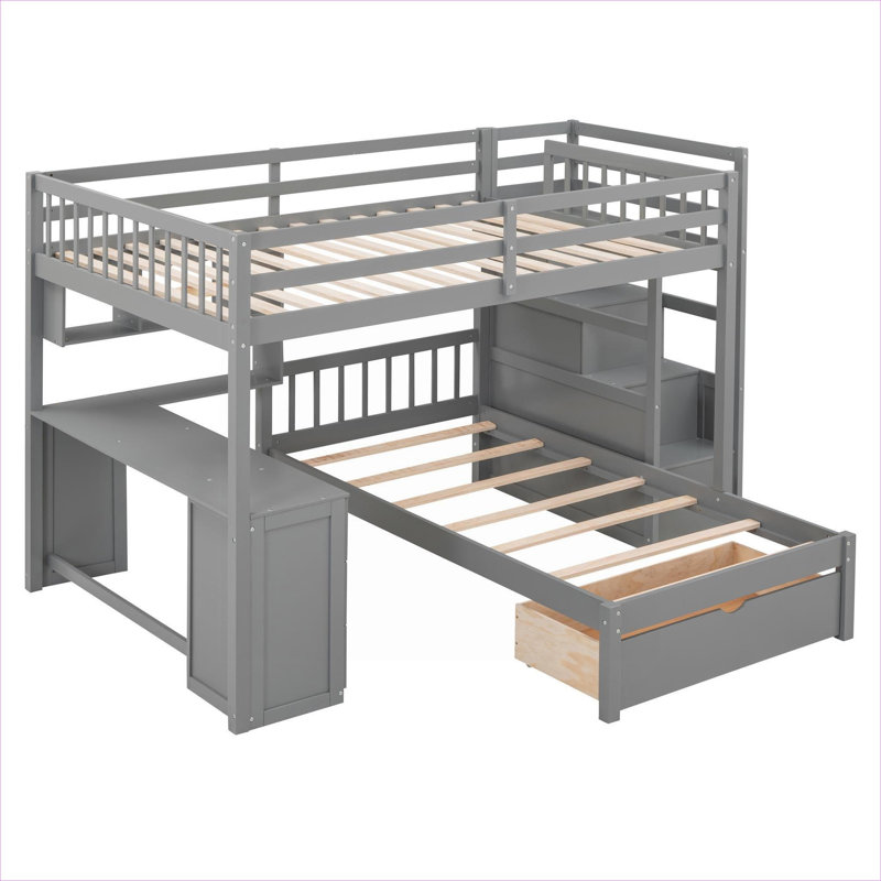 Structure de lit superposé double en bois massif avec bureau intégré, tiroirs et tablettes, gris doux