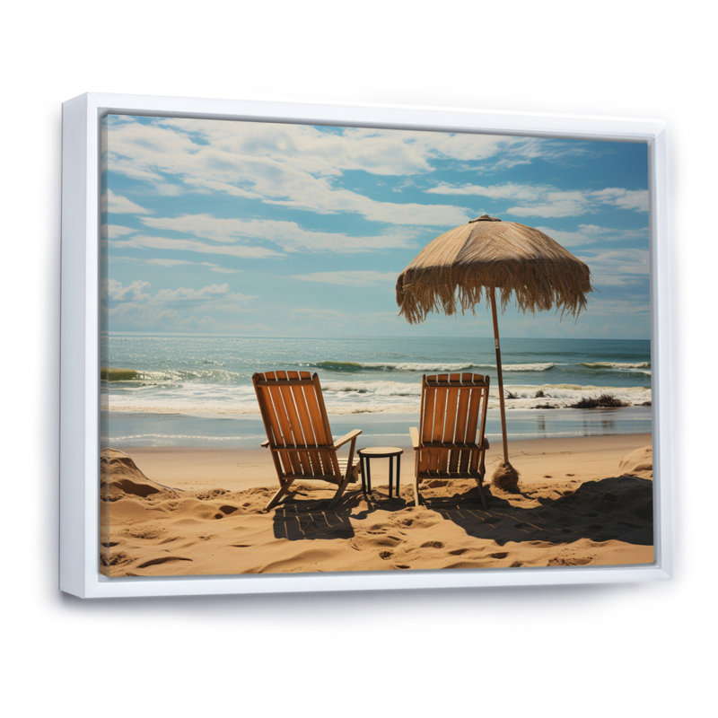" Beach Chairs Photo I ", White Floater Framed, 12" H x 20" W x 1" D