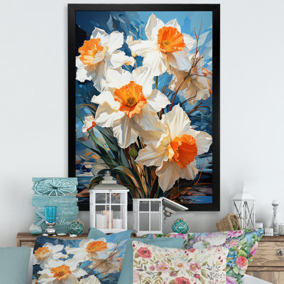 Jonquilles blanches et orange au printemps, reproduction sur toile