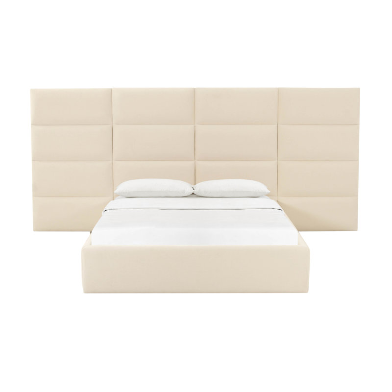 Cream Velvet Upholstered Queen Bed with Adjustable Headboard