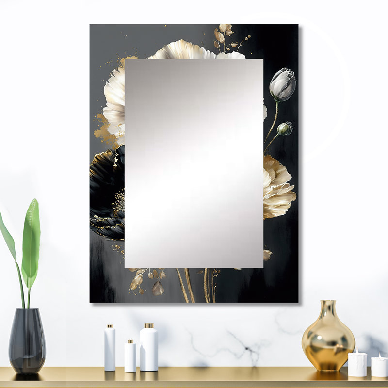 Bouquet de fleurs gris doré I - miroir mural décoratif floral, grand miroir traditionnel, impression d'art en métal