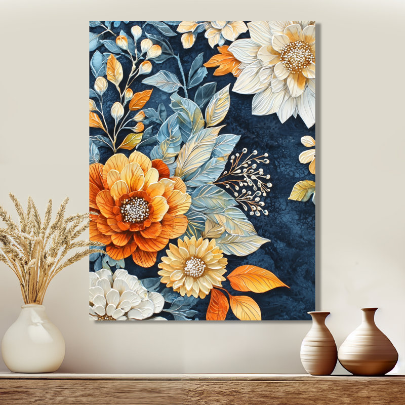 Floral fantaisie bleu et couleurs d'été I - Botanicals, impression murale sur métal, H 44 po x l 34 po