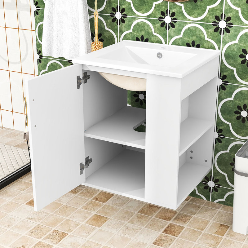 Meuble-lavabo mural avec lavabo en céramique, rangement latéral et porte à fermeture en douceur