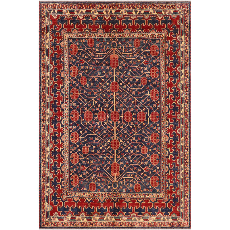 Tapis bleu marine / rouge / beige en laine noué à la main 7 pi x 7 pi 8 po Pacifa