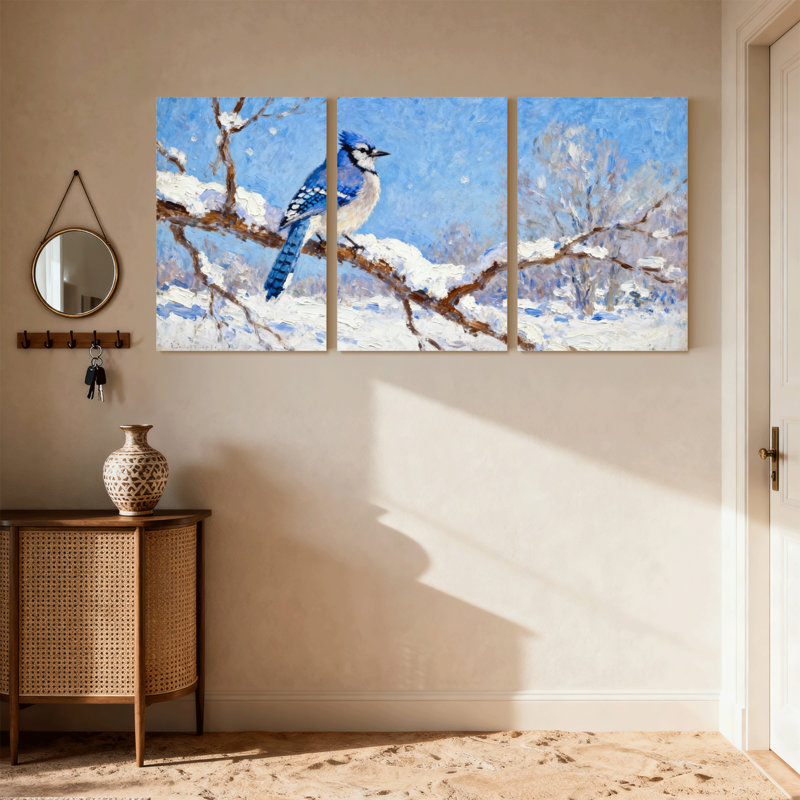 Birds Blue Jay perché sur une branche enneigée, scène d'hiver, ensemble de 3 impressions sur toile, H 30 po x l 60 po