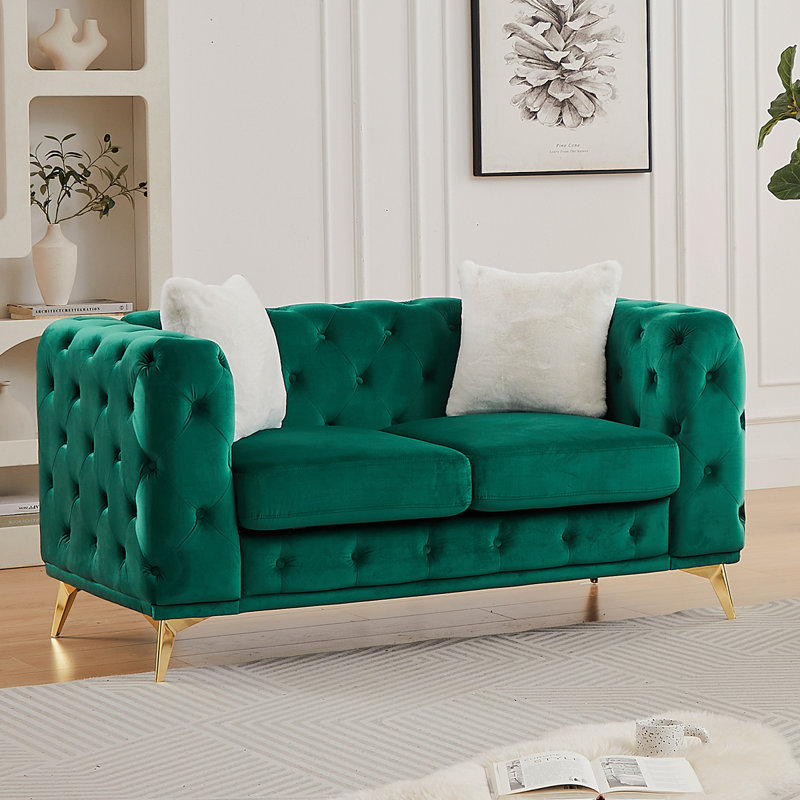FX 61.25-Inch Modern Luxury Velvet Sofa With Chesterfield Quilted Button Accents, Includes 2 Pillows And Metal Legs, Green