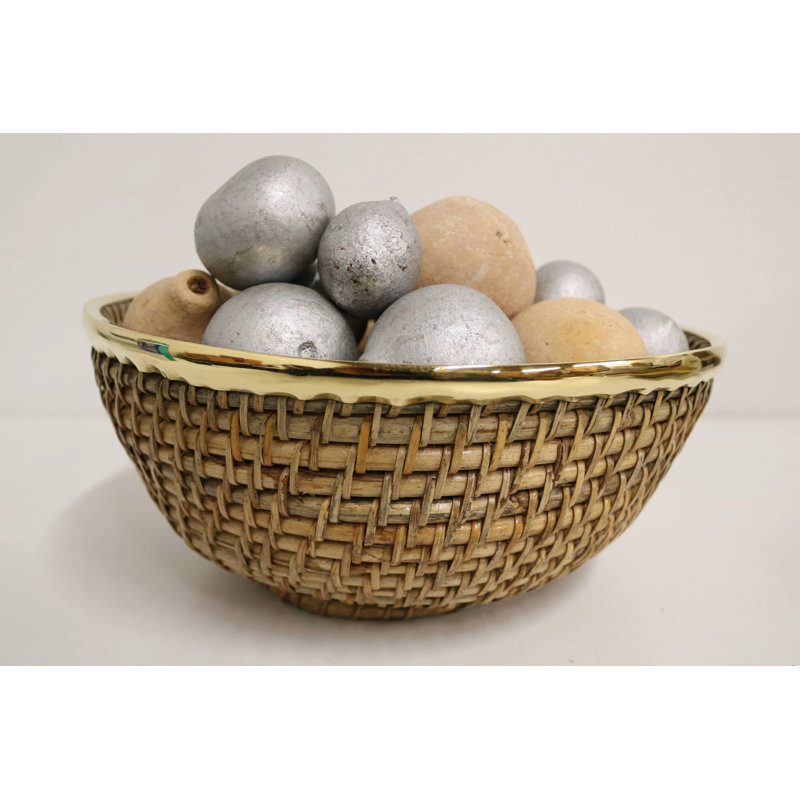 Home&Manor 12" Rattan Hammered Brass Rim Basket