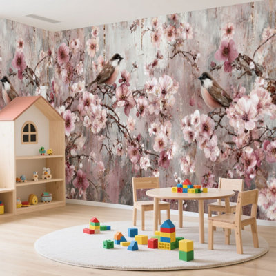 Adhésif mural pelez et collez L 100 po x l 144 po pour chambre à coucher - avec des pétales botaniques flottants oniriques