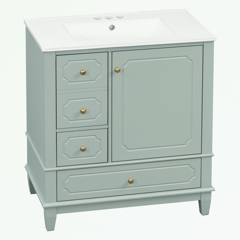 Meuble-lavabo de salle de bain avec lavabo, porte à fermeture douce et 3 tiroirs, Vert clair / doré