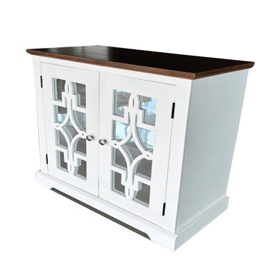 Armoire Mid-Century en bois massif de style moderne Mid-Century avec porte miroir et tablette, finition brun / blanc mat, pour espaces de vie principaux