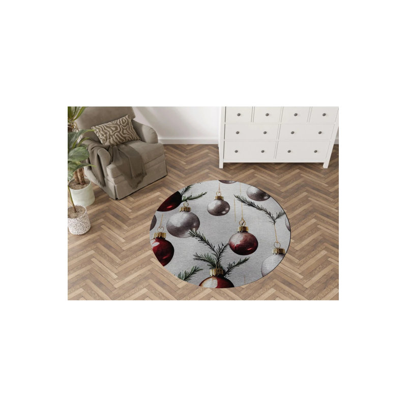 Beige New Year Themed Red Ornament And Tree Patterned Modern Woven Base Round Decorative Carpet, Round 5'