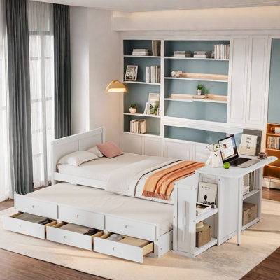 Matheny  Bed With Desk And Storage Shelves, Built-in Trundle And 3 Drawers