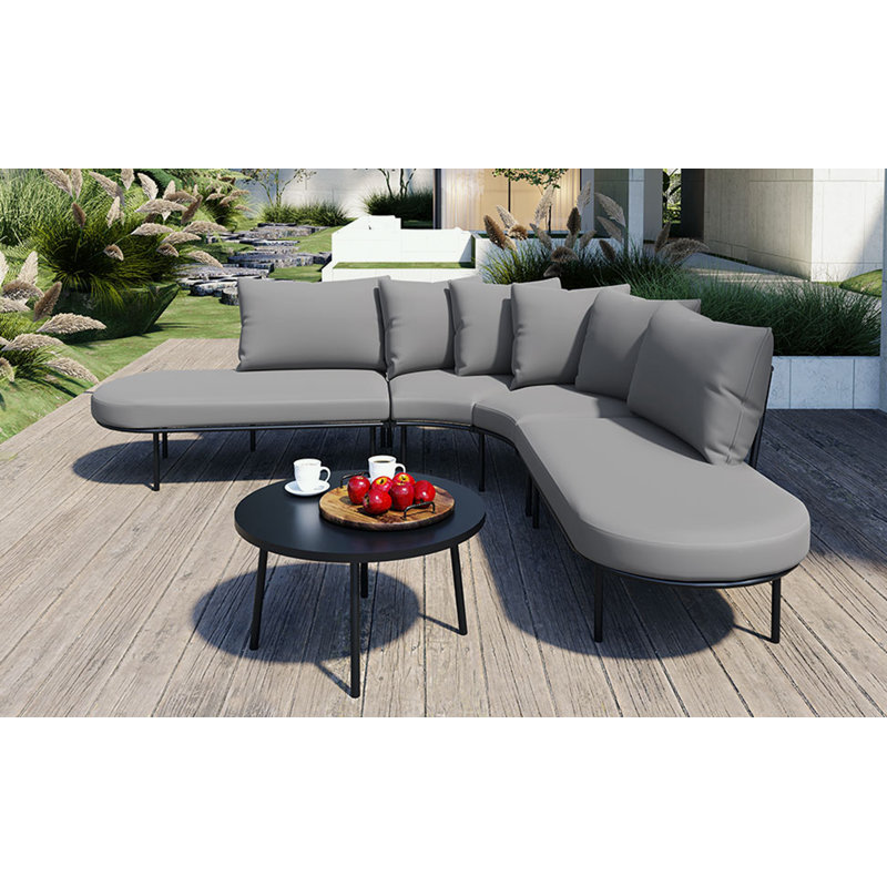 Half- Moon Curved Outdoor Sofa Set with Coffee Table and Backrest Cushions, Grey