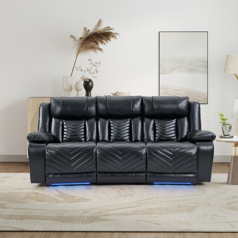 Ensemble de 3 fauteuils de cinéma maison inclinables électriques en similicuir avec appuie-tête réglables, éclairage DEL, tablette rabattable, porte-gobelets dissimulés et chargeur sans fil