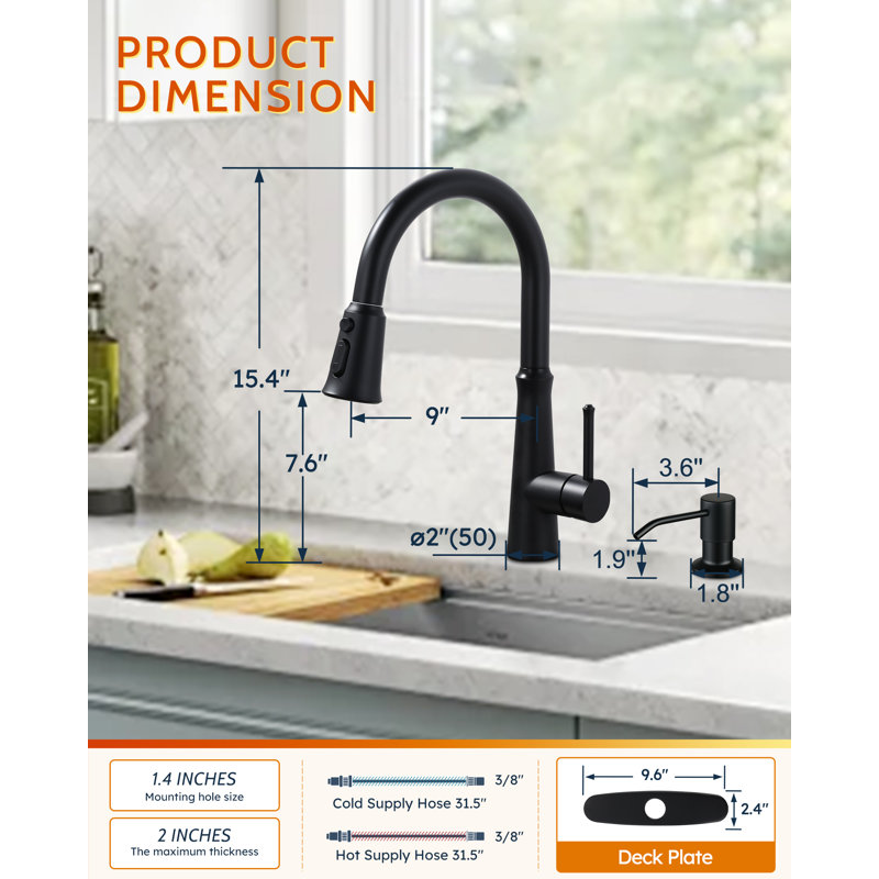 Robinet de cuisine rétractable à poignée simple avec distributeur de savon et accessoires, Noir mat