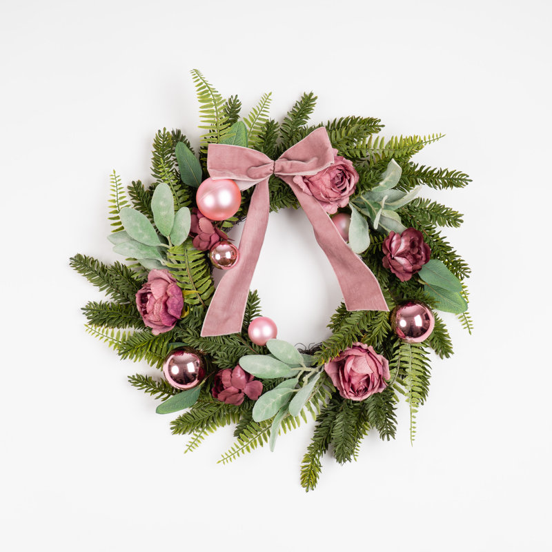 50cm Dusky Rose Wreath with Pink Bow