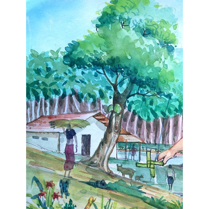 L'enfant dans un village | Aquarelle | Peinture par Aneesh Bandadka