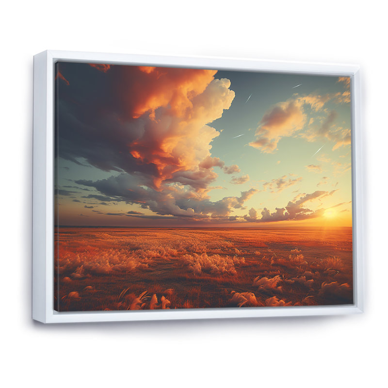 «Sunset Summer Meadows - Prairies», reproduction sur toile, Cadre flottant blanc, H 34 po x l 44 po