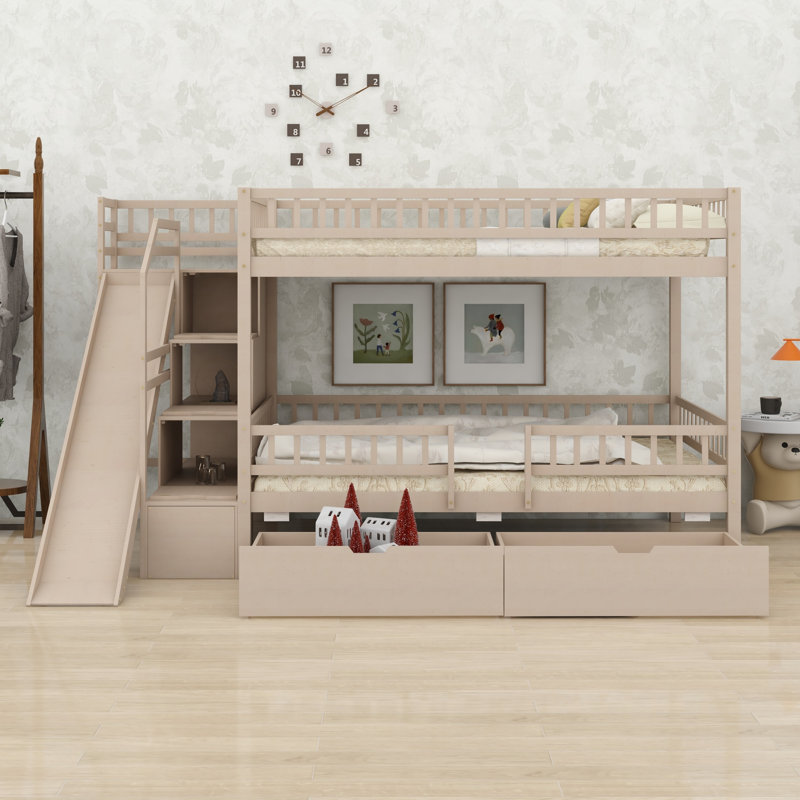 Lit superposé polyvalent avec glissade, escalier de rangement et 2 tiroirs, Noyer