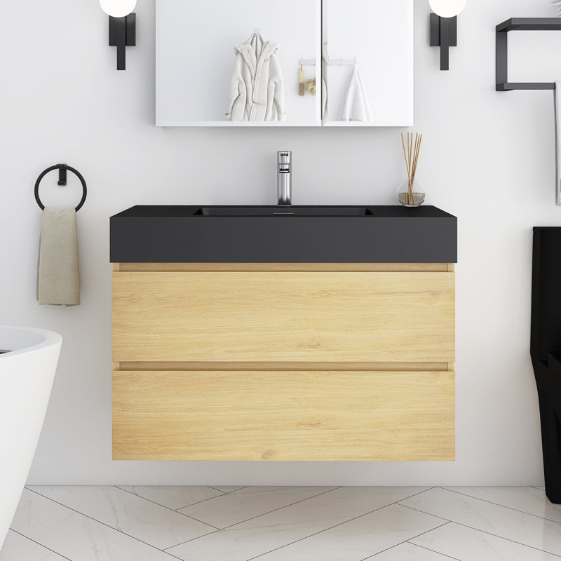 36'' Wall-Mounted Single Bathroom Vanity With Integrated Black Resin Sink, Natural