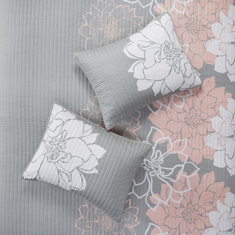 Gray and Peach Floral Reversible Cotton Full Quilt Set