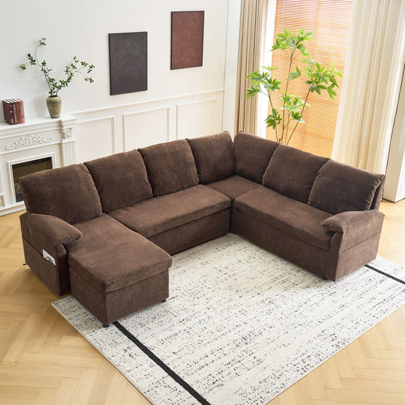 Upholstered Velvet U-Shaped Sectional Sleeper Couch Pull Out Sofa Sofa Bed, Dark-Brown Velvet