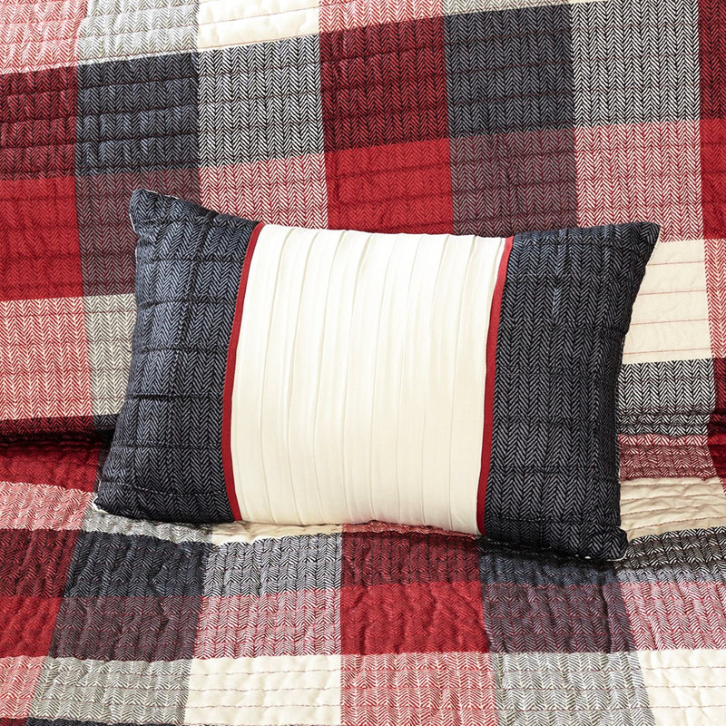 Courtepointe rouge pour lit double / grand, 6 pièces, chevrons, écossais Buffalo, pièce de coussins décoratifs faits à la main en rouge, double / grand, imprimé à chevrons, draps confortables
