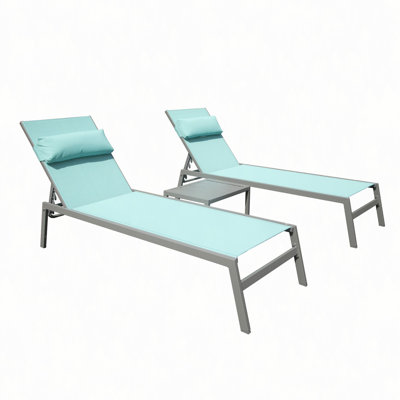 Ensemble de 3 chaises longues de patio, chaises longues de piscine en aluminium avec table d'appoint, fauteuil inclinable d'extérieur réglable pour la piscine, la plage, la cour et le balcon