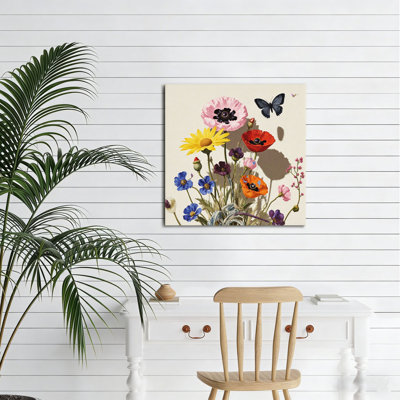 Coquelicots et papillon vibrants, cadre en bois intégré, 16 x 16 po