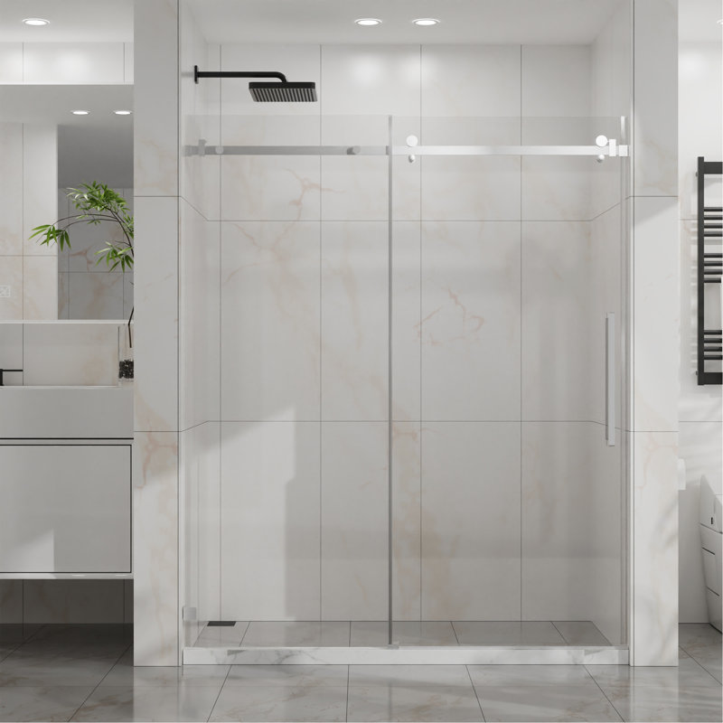 Frameless Shower Door, 60" W X 72" H Silent Sleek Sliding Glass Door, 1/4" (6Mm) Thick Tempered Clear Glass With Easy-Clean Coating, Heavy-Duty 304 Stainless Steel, Chrome