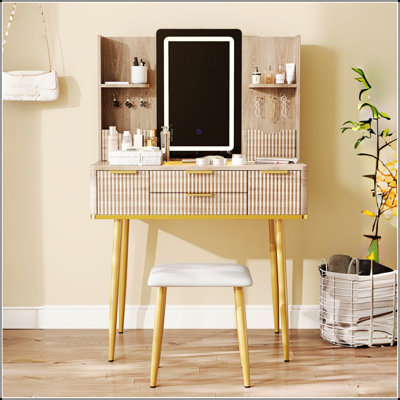 4-Drawer Vanity Desk With LED Mirror & Carved Details, Fluted Makeup Table With Metal Legs And PU Stool, Carved Dressing Table With Jewelry Storage For Bedroom