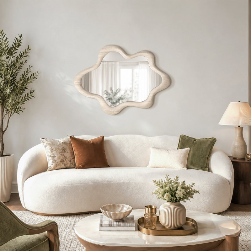 35.4" Irregular Wall Mirror with Wavy Travertine Finish