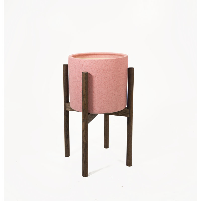 Hillyer Ceramic Pot Planter, Pastel Pink/Walnut