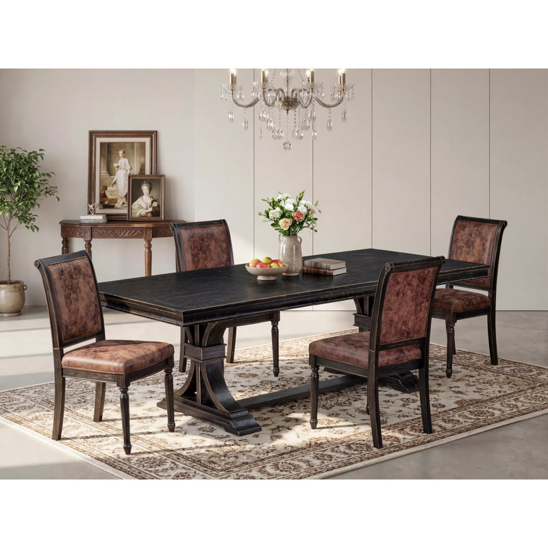 L'ensemble de table de cuisine 5 pièces se compose d'une table de salle à manger moderne et de 4 chaises de salle à manger en tissu de polyester texturé brun avec dossier haut - fini noir sablé