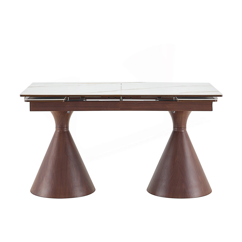 Table de salle à manger extensible avec plateau en marbre et pieds fuselés en métal, Blanc / Noyer