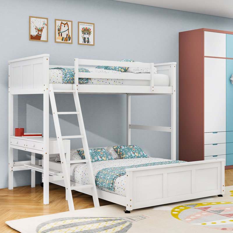 Lit superposé en bois avec bureau d'étude intégré et tiroirs de rangement, Blanc, Jumeaux sur complet
