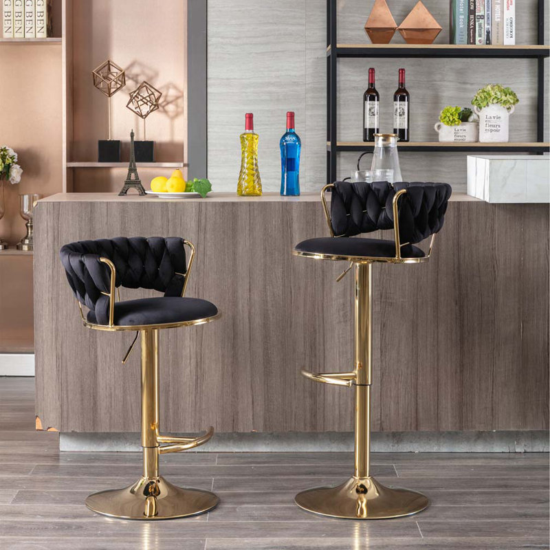 Adjustable  Swivel Fabric Upholstered Chrome Bar Stools Set with Back and Footrest, Black