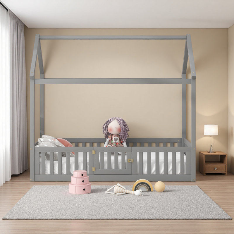 Lit simple en bois avec clôture et porte, Gris délavé