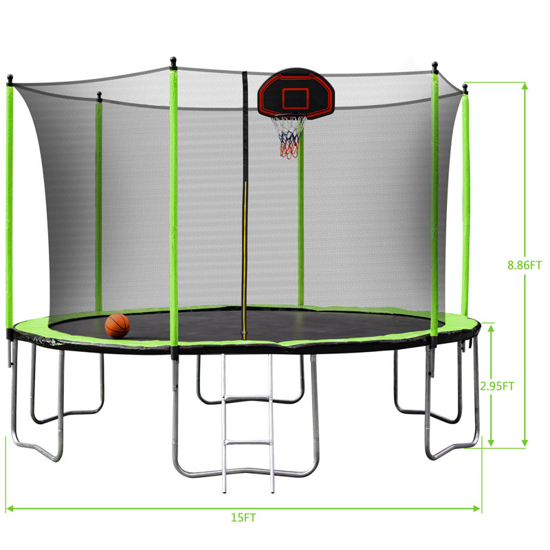 15FT Trampoline with Basketball Hoop, Inflator & Ladder - Inner Enclosure, Green