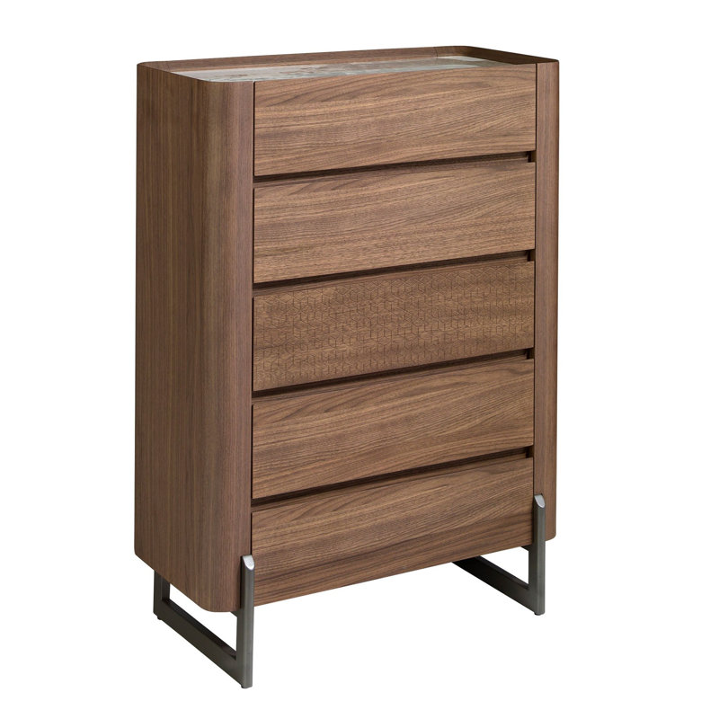 Walnut and metallic dark chiffonier with porcelain marble top