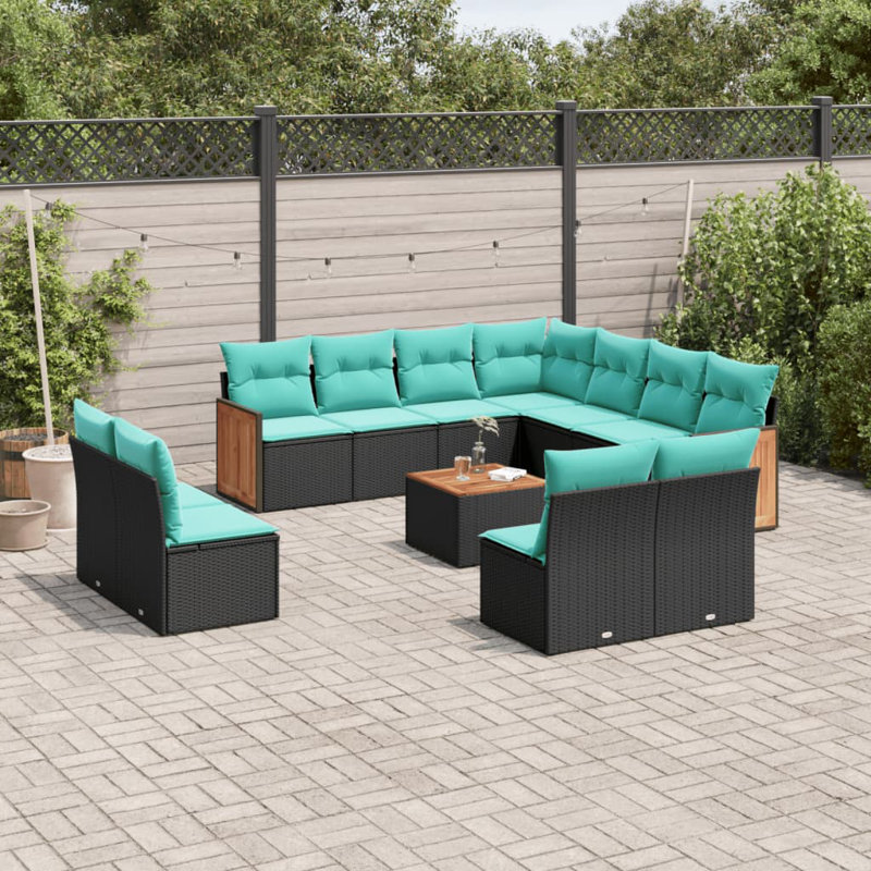 Ensemble de canapé de patio 12 pièces avec coussins en rotin de polyester, Bleu clair, Noir