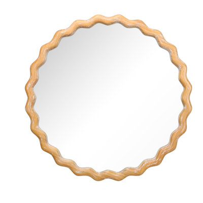 27.5 in Wooden Frame Round Hanging Bathroom Mirror, Farmhouse Style Wavy Wall Mirror for Bathroom Decorative Vanity Mirror